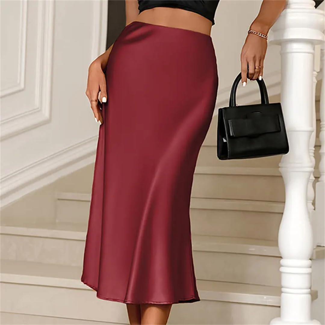 Jupe midi plissée en satin pour femme - Taille élastique - Jupe crayon coréenne en soie