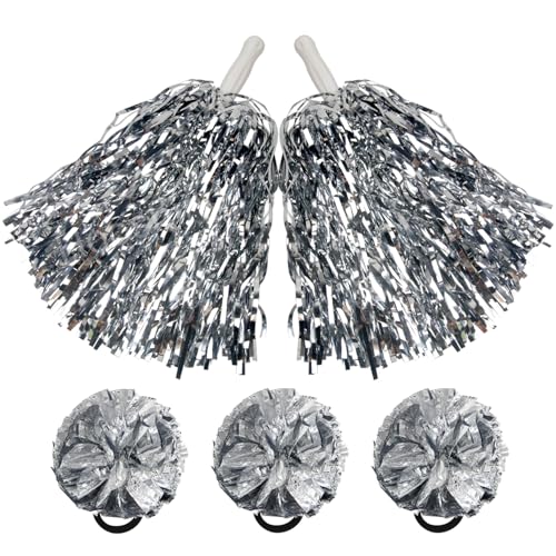 Hooshing 5PCS Silver Pom Poms Cheerleading & Hair Rope Wrist Tie Pompoms