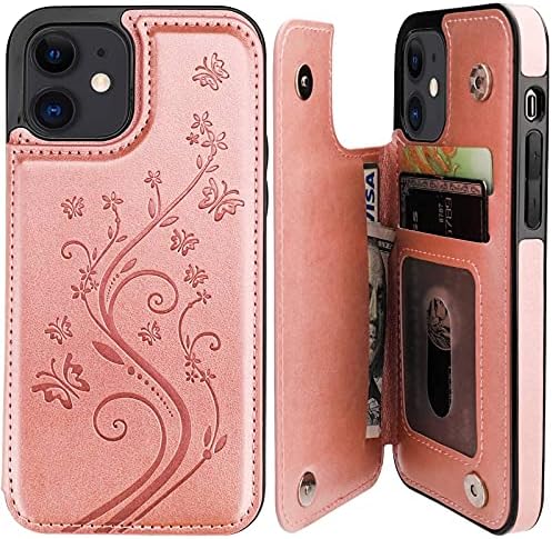 Amazon Com Moojerr For Iphone 12 Iphone 12 Pro Wallet Case With Card Holder Faux Leather Kickstand Card Slots Case Rfid Blocking Magnetic Shockproof Slim Flip Phone Case Flower Butterfly Embossed Rose Gold
