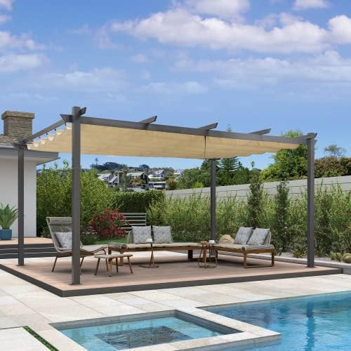 PURPLE LEAF 3 X 3.65 M Metal Pergola with Retractable Roof, Large Garden Pergola with Teak-finish powder-coated Aluminum Fram for BBQ, Outdoor, Garden and Patio, Beige