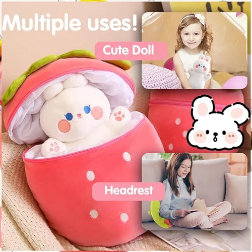 Image of Kidology Plush Toy Pillow, Reversible Bunny, Cute Rabbit Sofa Pillow, Easter Bunny Stuffed Animal Cute Rabbit Plushie Birthday Gift for Boys Girls and Kids (Medium, Strawberry Bunny - Zipper)