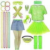 80er Jahre Kleidung Damen Set 18PCS 80er 90er Jahre Retro Neon Party Outfit Damen Kostüm Zubehör Accessoires Set, Gürteltasche, Stirnband, Halskette, Armband, Ohrring, Brille, für Halloween Karneval
