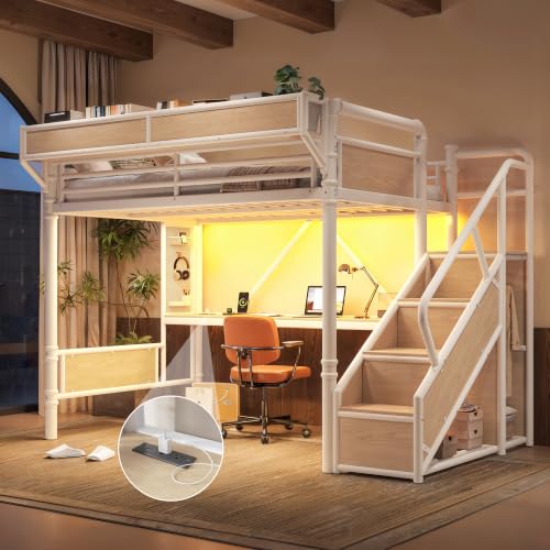 Image of Bellemave Full loft Bed with Storage Stairs, Wardrobe, Shelves, Metal Full Loft Bed Frame for Adults, Kids, Teens, White+Natural Wood with Stairs