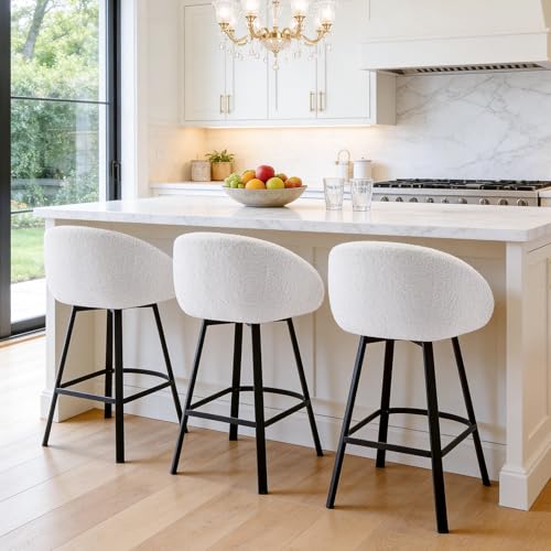 Image of Zesthouse Swivel Counter Stools Set of 2, 26 inch Modern Bar Stools for Kitchen | Barrel barstools with backs & arms, upholstered black sherpa fabric, metal stool chairs for kitchen island, easy to install