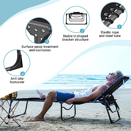 KingCamp Oversized Adjustable 5-Position Folding Chaise Lounge Chair for Outdoor Patio Beach Lawn Pool Sunbathing Tanning, Heavy Duty Portable Camping Recliner with Pillow, Supports 330lbs, Black - Thumbnail 4
