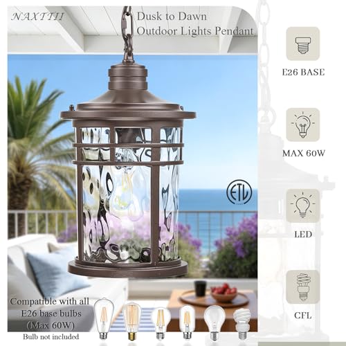 Image of Large Outdoor Pendant Light Dusk to Dawn Hanging Porch Light Anti-Rust Aluminum Exterior Hanging Lighting Fixtures for Front Door Gazebo E26 Socket Oil Rubbed Bronze Finish