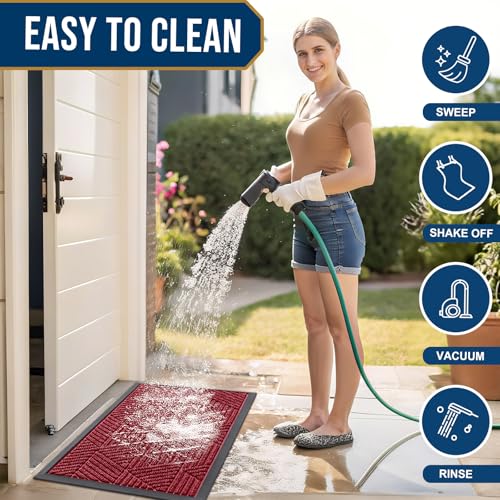 Image of Smiry Front Door Mat Outside Entrance, Heavy Duty Sturdy Natural Rubber Doormat, Trap Dirt and Moisture, Easy Clean Low Profile Welcome Floor Mats for Indoor Outdoor Entry, 35X23 Inch, Wine Red