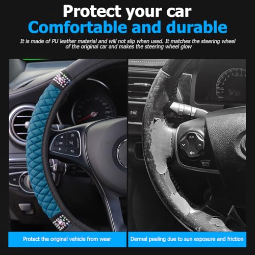 Image of Osilly Bling Car Steering Wheel Cover, 15 Inch Rhinestones Soft Leather Elastic Steering Wheel Protector, Sparkly Crystal Diamond for Women Girls (Black Green)