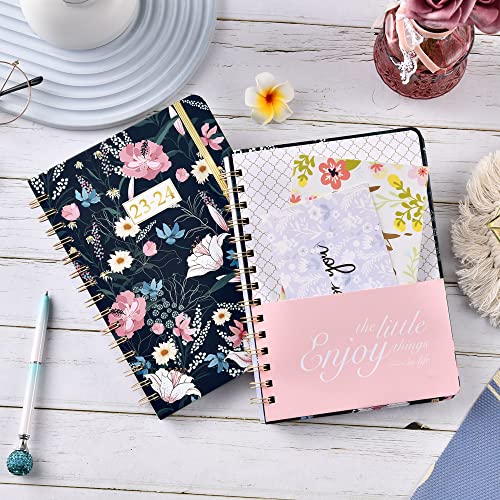 Planner 2023-2024 - Academic Planner 2023-2024, Jul.2023 - Jun.2024, 2023-2024 Planner Weekly & Monthly With Tabs, 6.3" X 8.4", Hardcover + Back Pocket + Twin-Wire Binding, Perfect Organizer - Black Pink Floral #TOP1