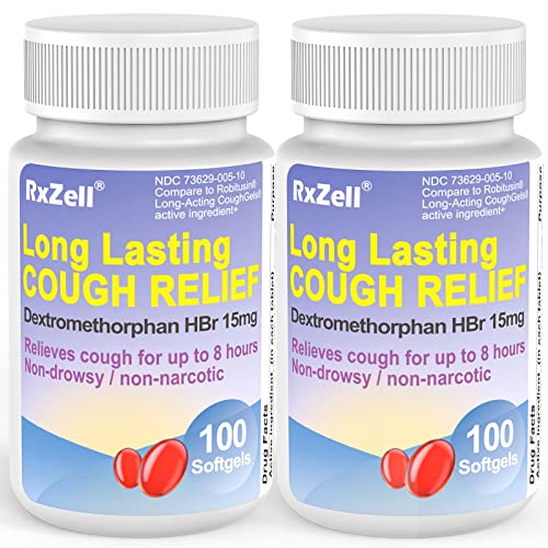 RXZELL Adult Cough Relief Dextromethorphan HBr 15mg (200 Softgels) 8 Hour Long Lasting Non-Drowsy Cough/Bronchial Suppressant