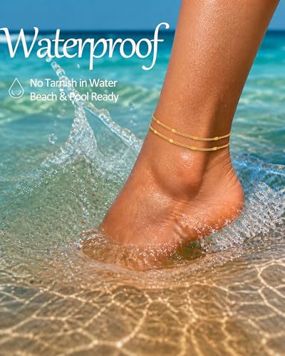 Image of FUNEIA Gold Silver Ankle Bracelets for Women Waterproof 14K Gold Plated Anklets for Women Non Tarnish Dainty Layered Beaded Heart Anklet Set Summer Beach Foot Chain Jewelry Gifts Trendy Stuff