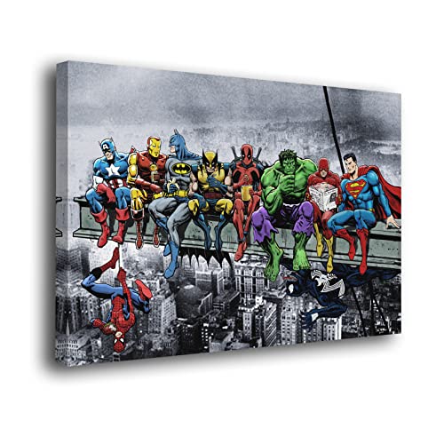 INGENIA HOME Cuadro lienzo canvas Desayuno en la viga de Manhattan Superheroes Marve Avenger - Alta resolución – Varias medidas (50_x_34_cm)