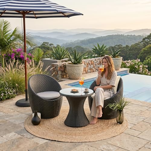 Image of OUTLIVING Outdoor Two Seater Rattan & Wicker Conversation Mudda Set | UV & Water Resistant Patio & Garden Furniture Set with 2 Cushioned Chairs & Glass Top Center Table | Black & White