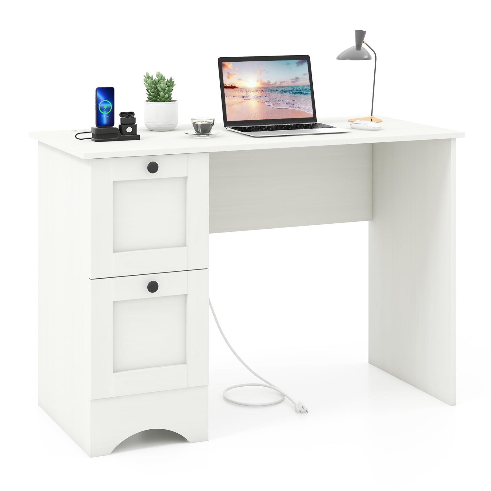 Flash Furniture 2792-WH ノートパソコンデスク ホワイト Amazon.com: Tangkula White Desk with Drawers & Charging Station