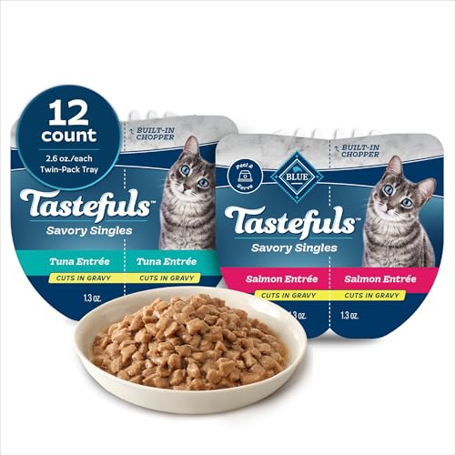 Image of Blue Buffalo Tastefuls Savory Singles Salmon and Tuna Natural Wet Cat Food Cuts in Gravy Variety Pack 2.6 oz. Count of 12