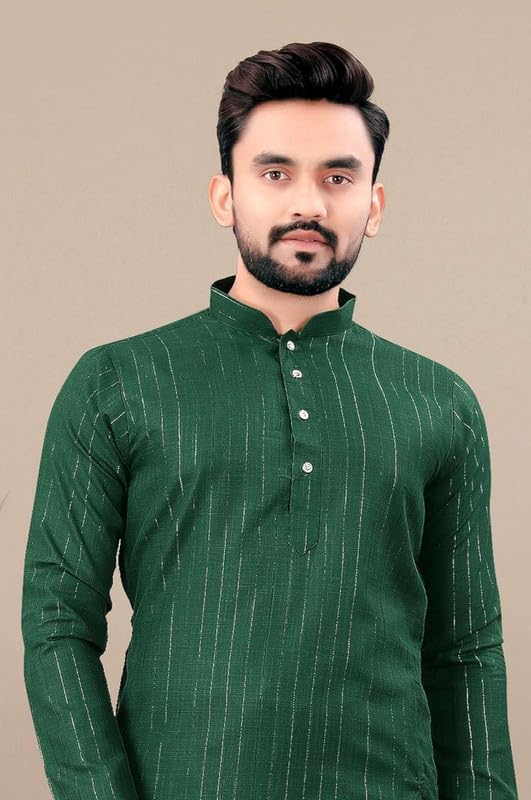 Image of FASHION GALLERY Men's Solid Pattern Polycotton Kurta with Long Sleeve Round Neck Knee Length and Pull On Closure Type|Men Kurta Pajama Set