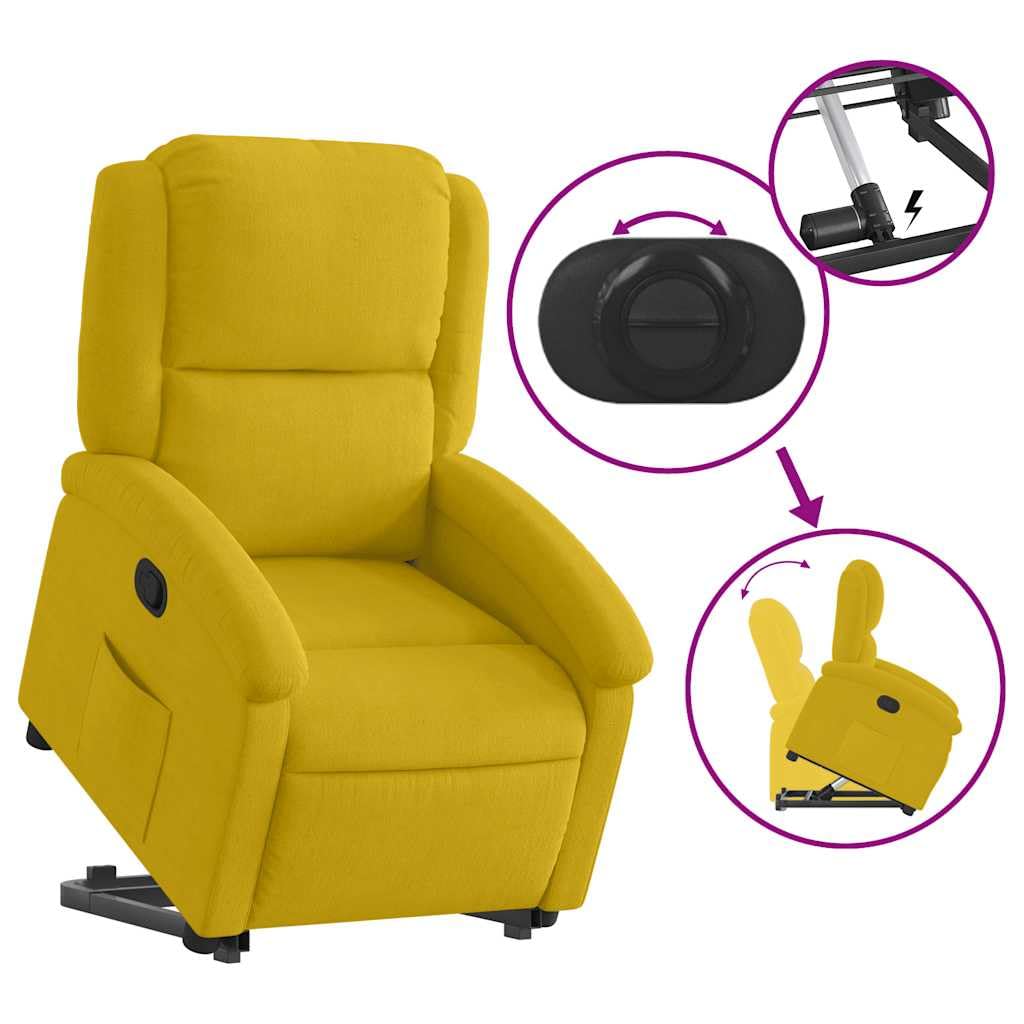 Fauteuil rehausseur inclinable jaune en velours avec moteur électrique et fonction manuelle, assise rembourrée et cadre stable pour un maximum de 110 kg, confortable avec dossier
