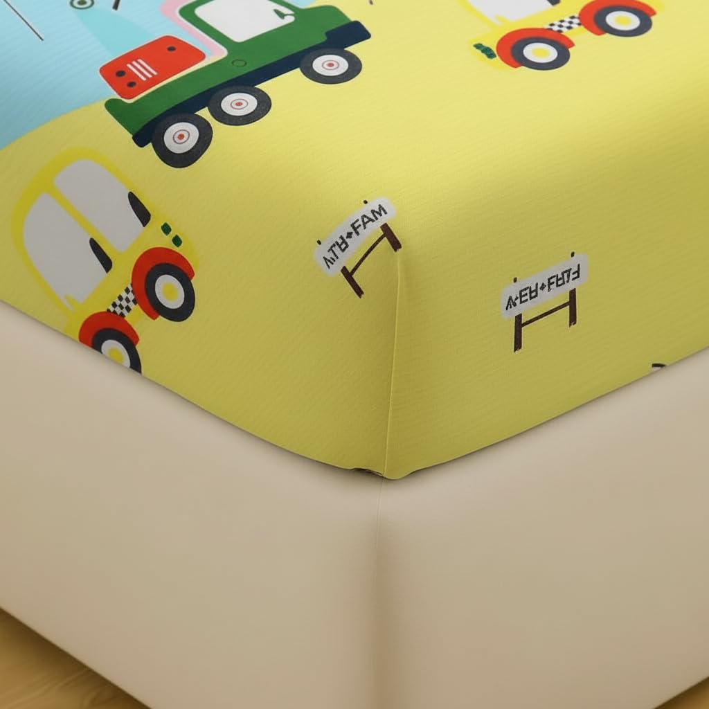Filymore Kids Car Elastic Fitted Bedsheet for Single Bed (72x36 inches), Pure Microfiber, 1 Bedsheet & 1 Pillow Covers, Fits Up to 6 inches. Available in Small Size.Lemon and Sky 2
