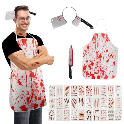 MmmLucipor Disfarce de açougueiro de Halloween, avental sangrento, zombie disfarce, com avental de Halloween, fita de plástico assustadora, tatuagem temporária, arma sangrenta