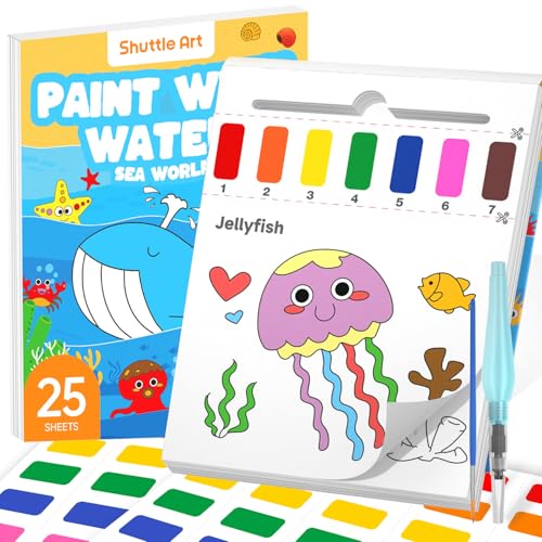 Image of Shuttle Art Paint with Water Coloring Book for Kids, 25 Sea World Themed Pages with 2 Brushes, Mess-Free Watercolor Paint Set, Travel-Friendly Art Craft Gift for Toddlers, Birthday Christmas Gift