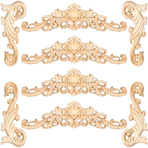 8 Pcs Wood Appliques Decorative and Onlays for Furniture Carved Onlays DIY Decorative Long Wood Carving Appliques for Door Decor, 2 Sizes