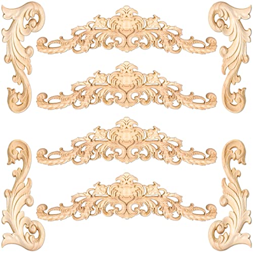 8 Pcs Wood Appliques Decorative Wood Appliques and Onlays for Furniture Wood Carved Onlays Appliques DIY Decorative Wood Appliques Long Wood Carving Appliques for Door Decor, 2 Sizes (Stylish Style)