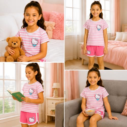 Image of Hello Kitty Girls Short Set - 2 Piece Short Sleeve Graphic Tee and Shorts Clothing Outfits (Sizes: 2T-12)