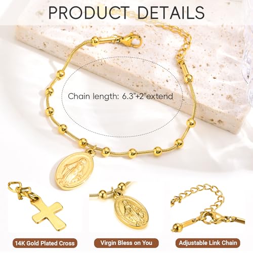 Women's Gold Virgin Mary Bracelet - 14k Gold Plated Rosary Bead Cross Bracelets,Hypoallergenic Non Tarnish Gold Religious Baptism Dainty Virgen de Guadalupe Bracelets,Catholic Jewelry Gifts for Her4