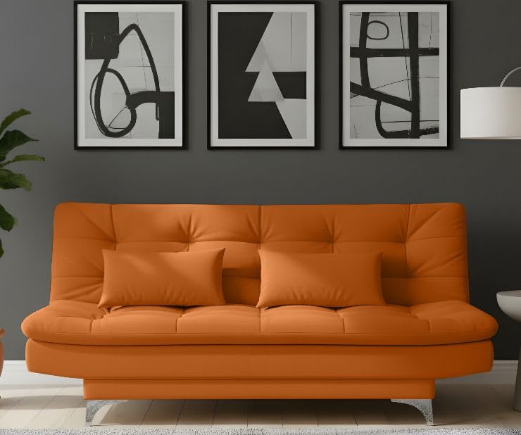 AMATA Eagle Solid Wood 3 Seater Sofa Cum Bed Orange Suede Velvet Fabric with Two Cushions Perfect for Home Living Office Room and Guests (Orange 2, Medium)(3 Year Warranty)