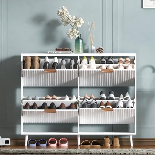 Image of Shoe Cabinet Storage,Modern Freestanding Organizer with 4 Flip Drawers,Narrow Shoe Rack Cabinet for Entryway,White