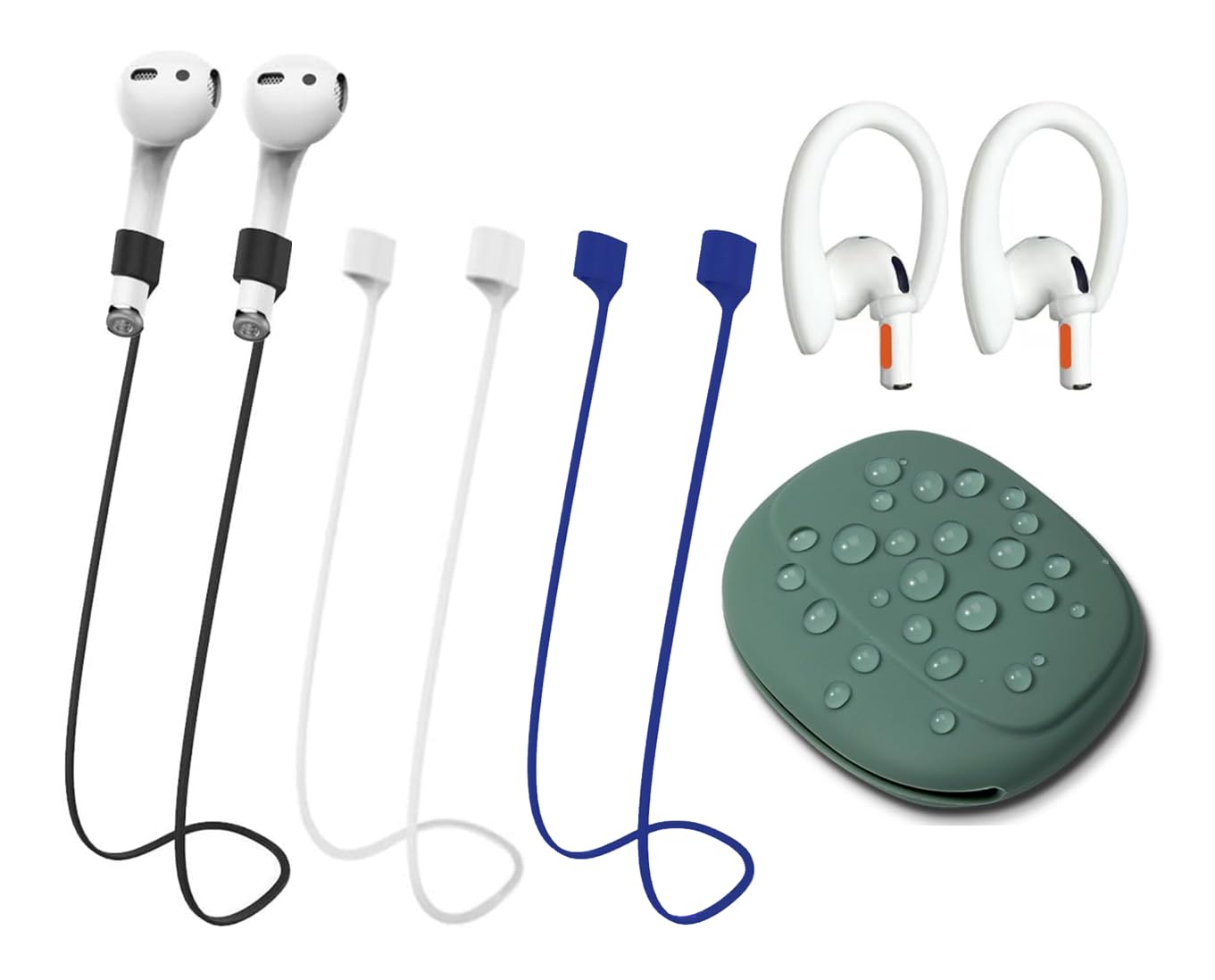 BUISAMG - Cinghie magnetiche anti-smarrimento per AirPods, cordino sportivo in morbido silicone, corda per collo, senza fili, confezione da 3 (nero/bianco/blu)