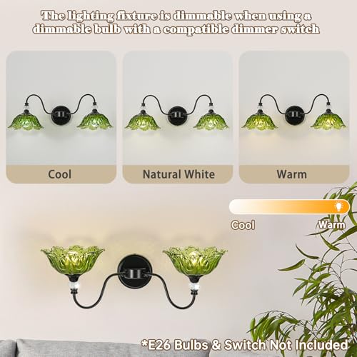 Image of Black Bathroom Vanity Light, 2-Light Vanity Light with Floral Green Glass Shades,Vintage Farmhouse Wall Mount Lighting for Bathroom, Dressing Table