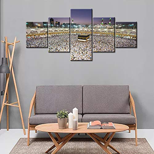 Mecca Canva Wall Art Saudi Arabia Building Muslim Pilgrims Painting Islamic Religion Holy Prints Picture 5 Piece Artwork Modern Home Decor Living Room Wooden Framed Ready To Hang(50Wx24H Inches) #TOP2