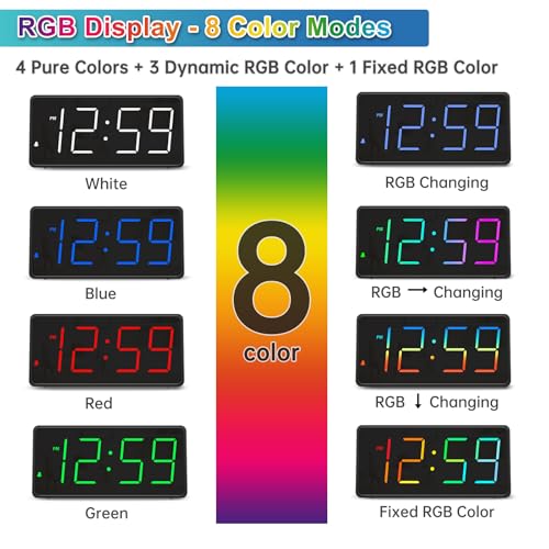 Image of Peakeep Digital Alarm Clock for Bedroom Bedside, RGB Color Changing Display | Colorful LED Big Numbers 6 Brightness, Loud for Heavy Sleepers, Battery Backup Plug in Electric Clock, USB Charger