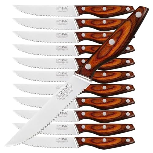 Steak Knives, Steak Knives Set of 12, Stainless Steel Steak Knife Set, Serrated Knives Dishwasher Safe, Comfortable with Pakkawood Handle Pakkawood 12
