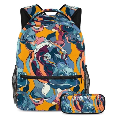 Cartable hippopotame abstrait coloré grand format avec trousse