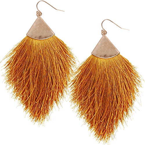 Humble Chic Fringe Tassel Statement Dangle Earrings - Lightweight Long Feather Drops, Mustard, Dark Yellow, Brown, Gold-Tone