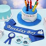 FRIUSATE 4 pieces Happy Birthday Hat, Plush Cake Hat with Glasses, Birthday Badge and Sash Party Hats for Kids Adults(Blue) - Image 3