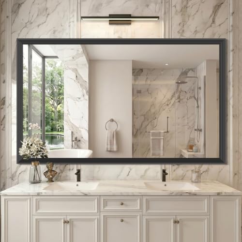 Image of DESBING Large Bathroom Mirror for Over Sink, 60 inch x 36 inch Black Rectangle Bathroom Mirrors for Double Vanity, Metal Ribbed Textured Framed Wall Mirror for Bathroom, Living Room, Bedroom,Dressing Room