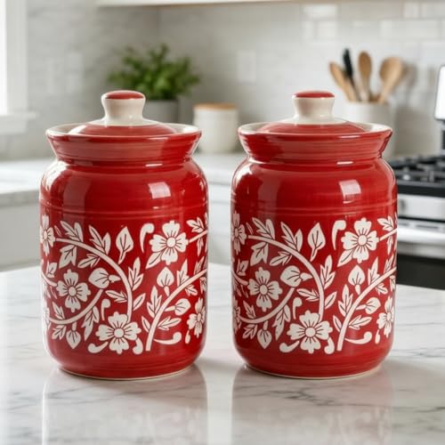 Image of Orange Floral Printed Ceramic Handglazed Pickle Jars Set of 2-1000 ML Each | 1 kg Achaar Martban Barni Jar with Lid | Ceramic Storage Jar Container Pickle /Achar, Chatney