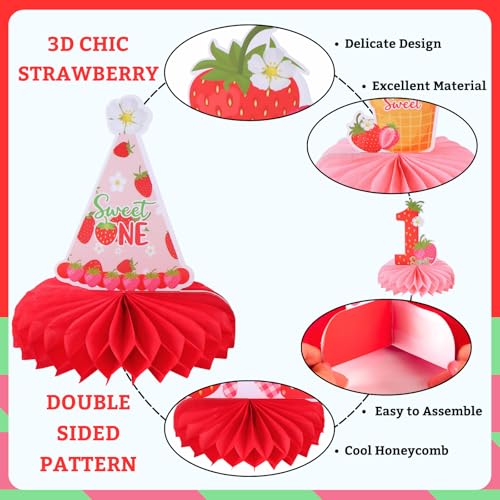 Image of 9pcs Strawberry 1st Birthday Honeycomb Centerpieces First Birthday Party Decorations for Girls Sweet ONE Strawberry Table Centerpieces Baby Shower One Birthday Table Topper Sign Decorations