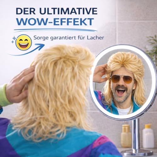 Vokuhila Assi Perücke – Retro Accessoire für Herren, 80er & 90er Kostüm, Neon Outfit, Fasching & Karneval (Blonde)