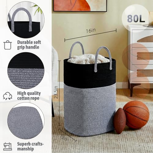 Image of Laundry Basket,Woven Cotton Rope Laundry Hamper,Versatile Storage for Dirty Clothes,Baby Toys,and Blankets in Bathroom, Nursery,and Living Room (Black, 80L)