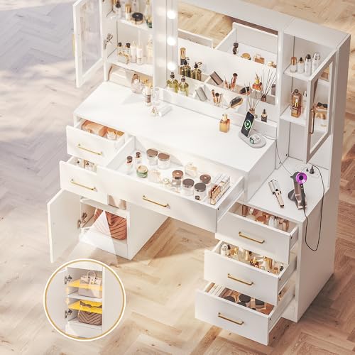 Image of Makeup Vanity Desk with Mirror and Lights, Makeup Vanity Table with Lighted Mirror, Nightstand Dressing Table with Mirror and Lights, 51 inch Big Vanity with 6 Drawers & Lots Storage Space for All Girls