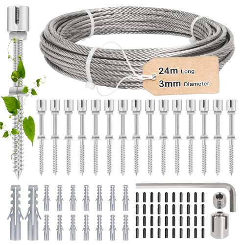 Tuteur pour Plantes Grimpantes en Acier Inoxydable, 24m de Long (Câble en Acier de 3mm) et 16 Supports pour Plantes Grimpantes Telles GUE Les Roses, Les...