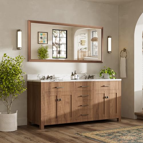 Image of 72x32 Inch Bathroom Mirror for Wall, Anti-Rust Walnut Wood Grain Metal Framed Bathroom Mirrors for Over Sink,Rectangler Mirrors for Bathroom Vanity, Farmhouse, Bedroom, Living Room, Entryway Decor