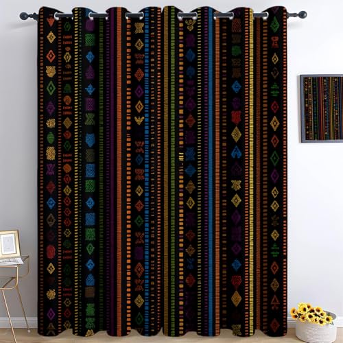 Genérico Cortinas Opacas Bohemia 100% Opacas para Sala De Estar, 117 An X 813 Al Cm 2 Paneles Cortinas con Aislamiento Térmico Etnia Tribu Rayas para Dormitorio Comedor, Negro