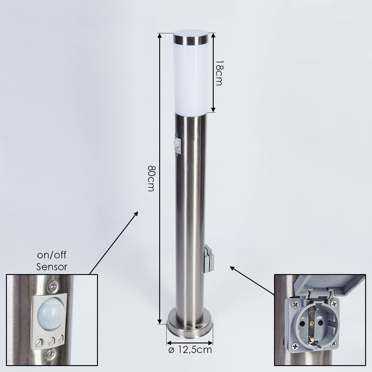 Lámpara de sendero moderna para exteriores Sessa con detector de movimiento, con base de metal/plástico en níquel mate/blanco, luz de 80 cm, lámpara/iluminación de jardín, E27, IP44, sin bombilla(s)