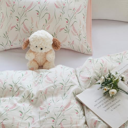 Image of BOLINLIVING Pink Floral Duvet Cover Queen Size, Reversible Botanical Spring Duvet Cover Set with 2 Pillowcases, Breathable Soft Microfiber Bedding Set for All Season with Zipper Closure