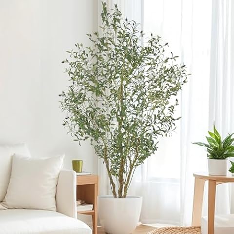 Artificial Tree Tall Faux Olive Tree 7feet,Fake Floor Potted Olive Silk Tree with Large Faux Olive Branches Leaves and Fruits, Artificial Plants for Home Living Room Office Indoor Outdoor Decor(7ft) Cover